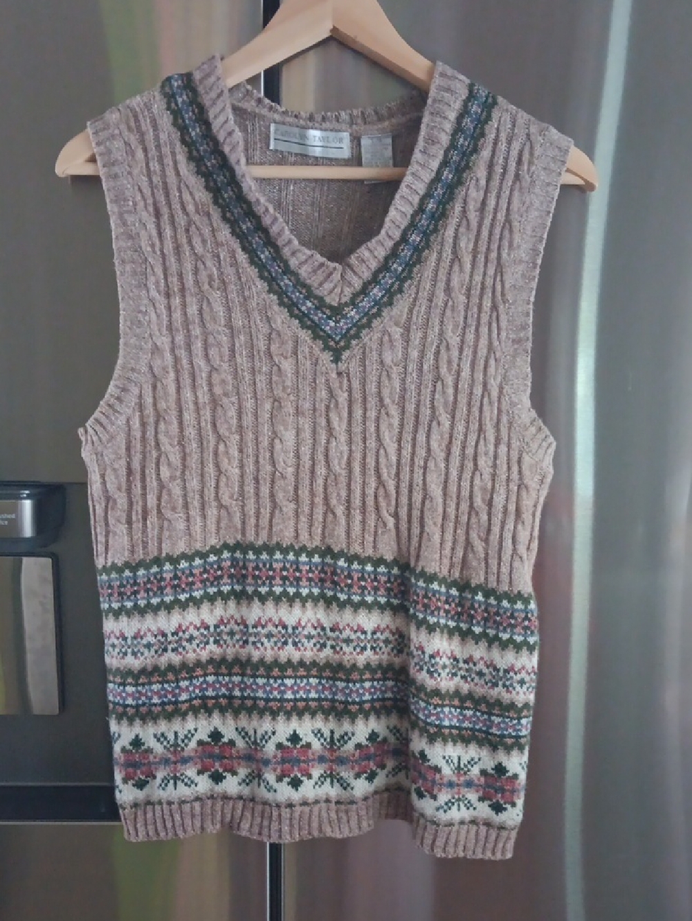 Carolyn Taylor Taupe Cable Knit V-Neck Sweater Vest with Multicolor Fair Isle